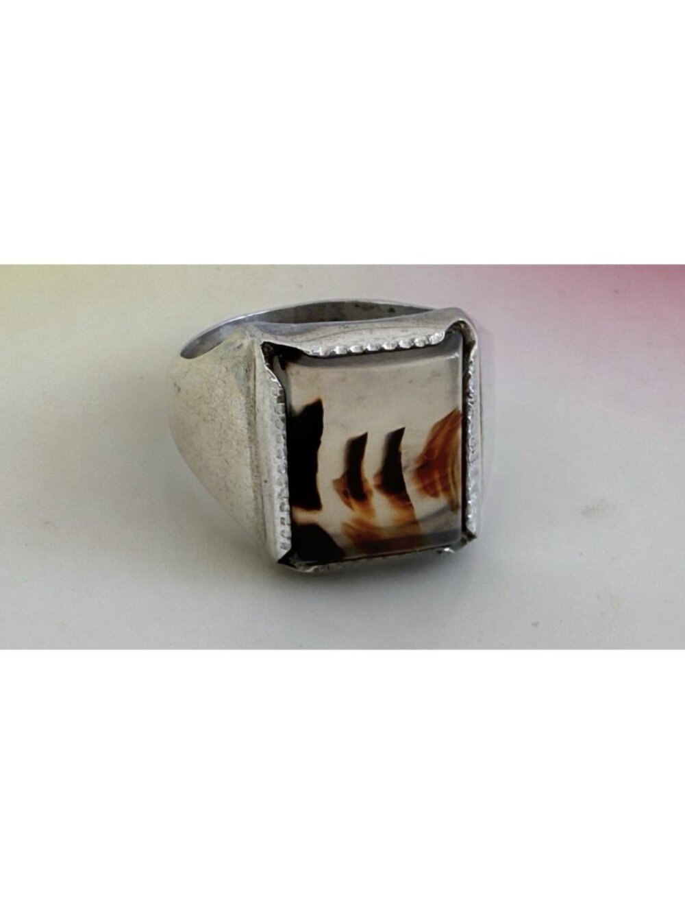 Vintage 50s Wheeler Mfg Sterling Dendritic Picture Agate Ring Size 6 3/4 - Picture 4 of 11